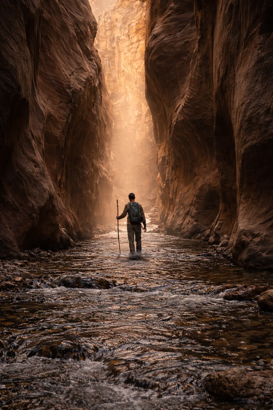 A hiker in The Narrows of Zion National Park